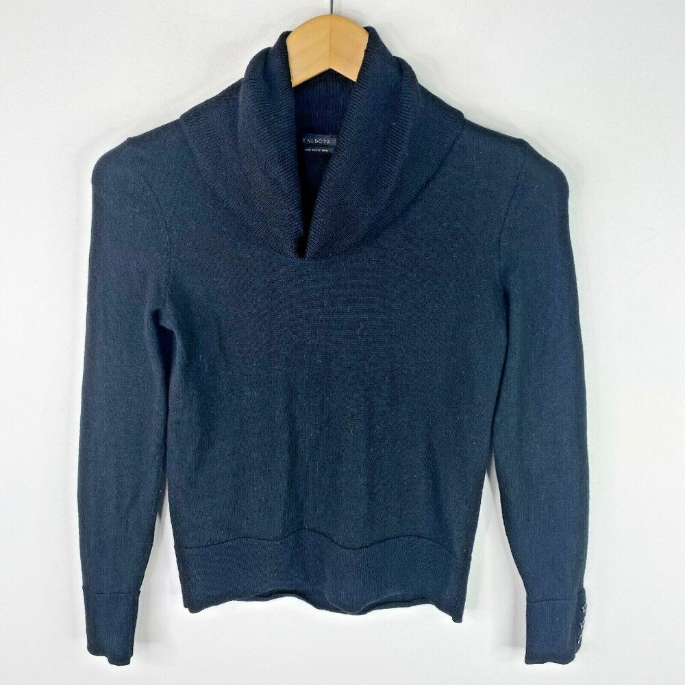 TALBOTS Sweater Womens Size XS Black 100% Merino Wool Turtle Cowl Neck